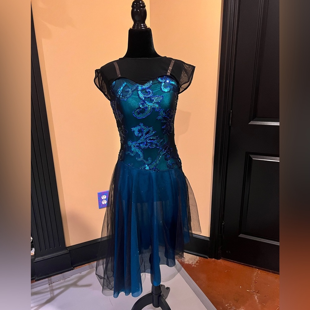Stunning dark teal and black mesh a line dance dress Adult Small